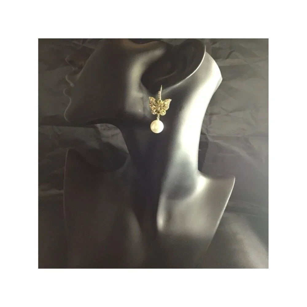 Gold Crystal Butterfly Luxury Rhinestone Drop White Pearl Statement Earrings